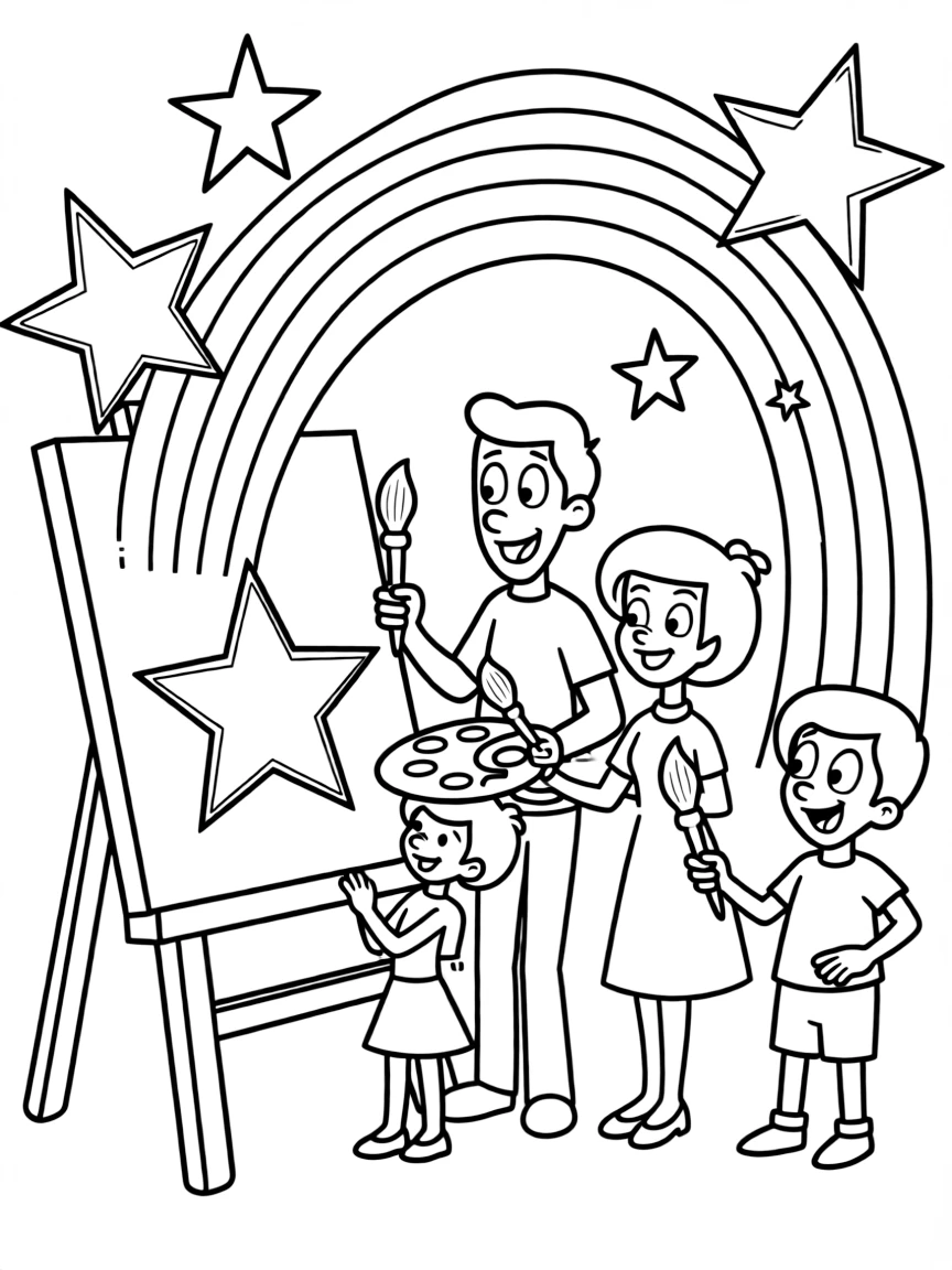 The Jetsons painting a picture, with stars and rainbows in the background.