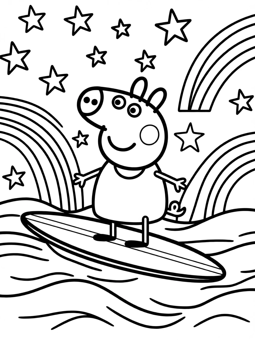 Peppa Pig surfing on waves, with stars and rainbows in the background.