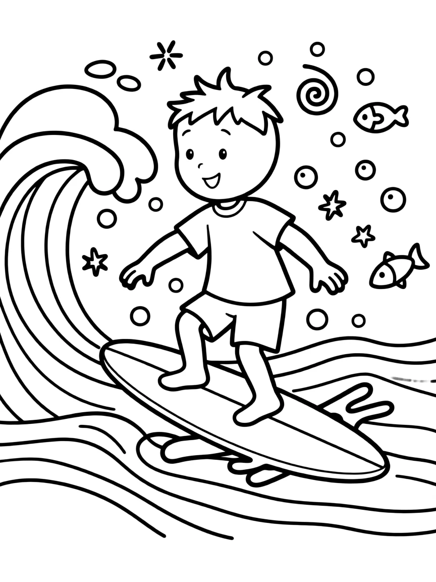 Caillou surfing on waves, with playful patterns around.