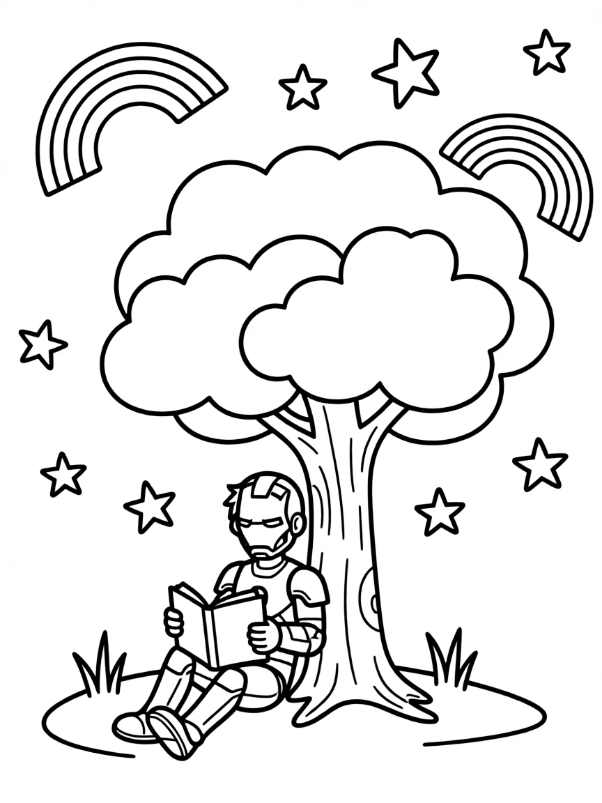Iron Man reading a book under a tree, with stars and rainbows in the background.