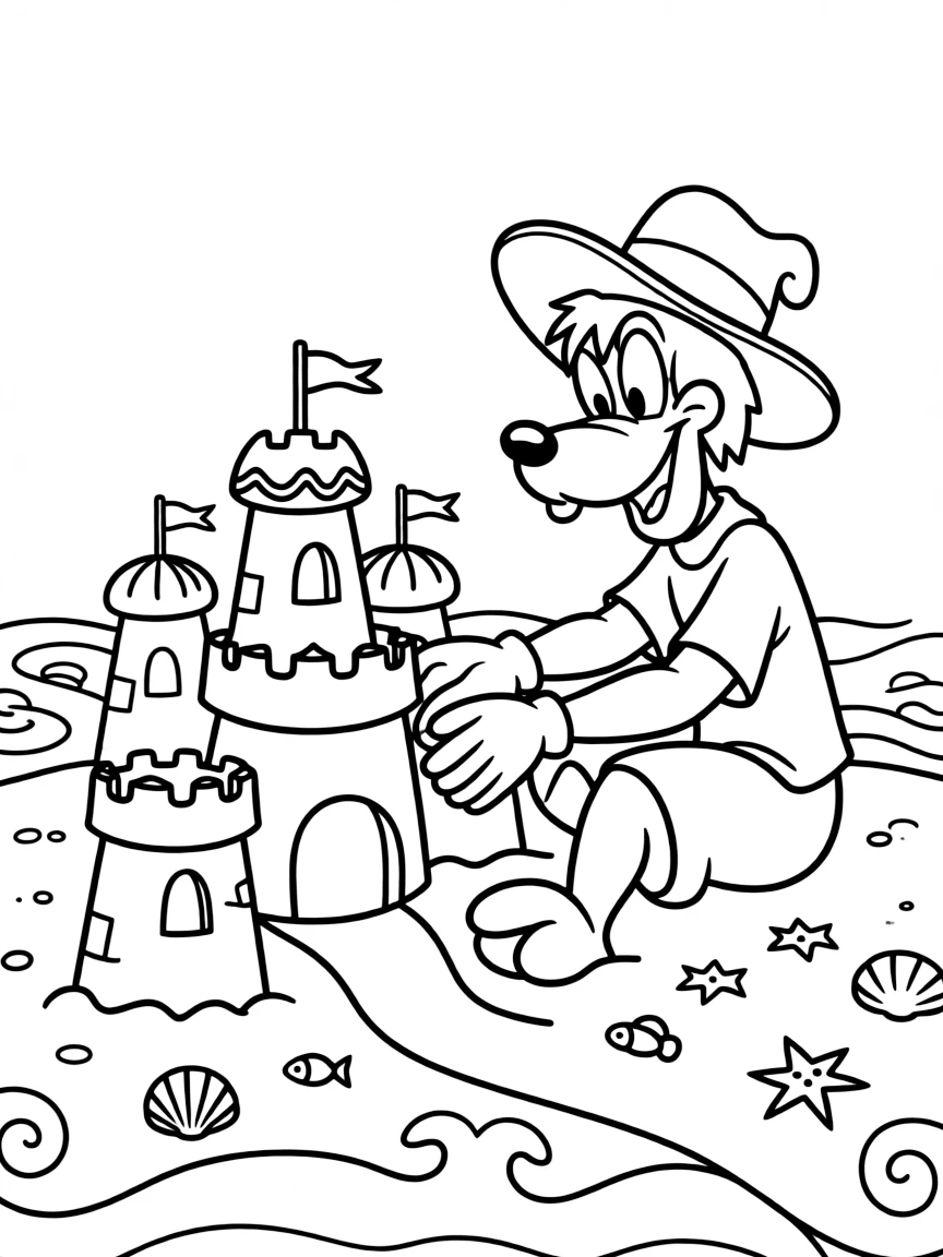 Goofy building a sandcastle, with playful patterns around.