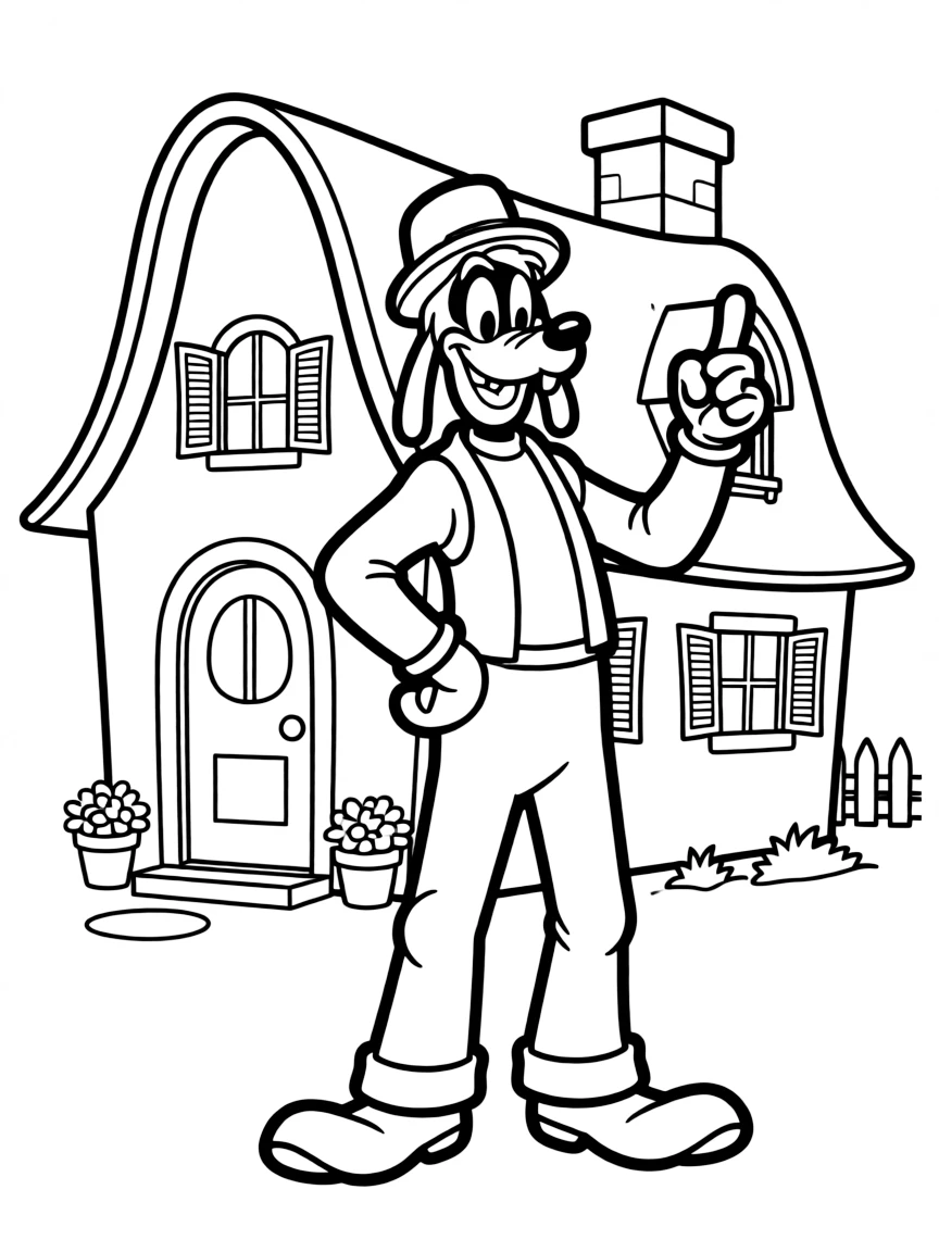 Goofy posing heroically, in front of their famous house or scene.
