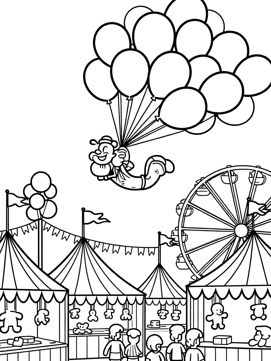 Popeye flying with balloons, at a carnival with colorful decorations.