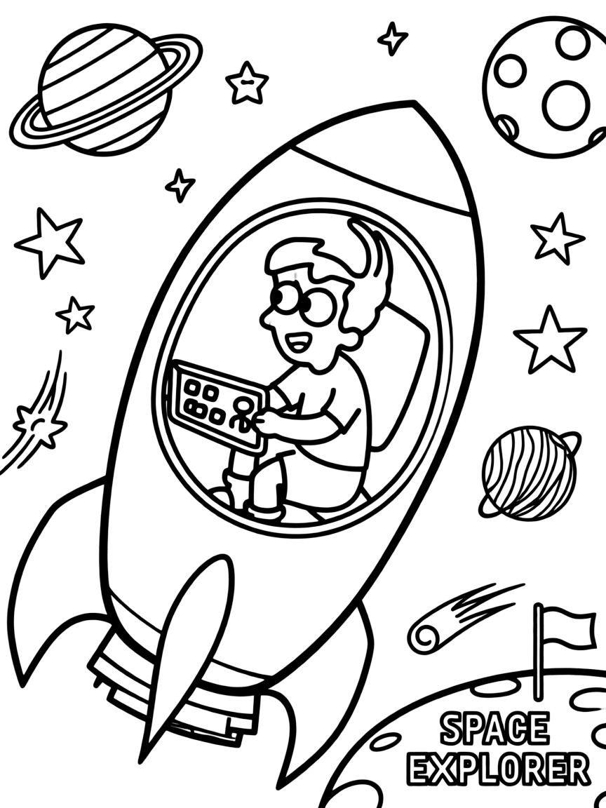 Jimmy Neutron exploring space in a rocket, with fun background elements.