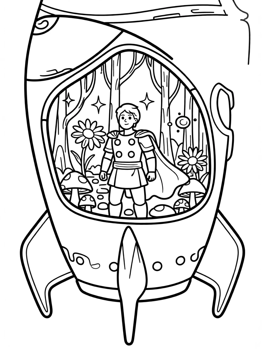 Thor exploring space in a rocket, in a magical forest setting.