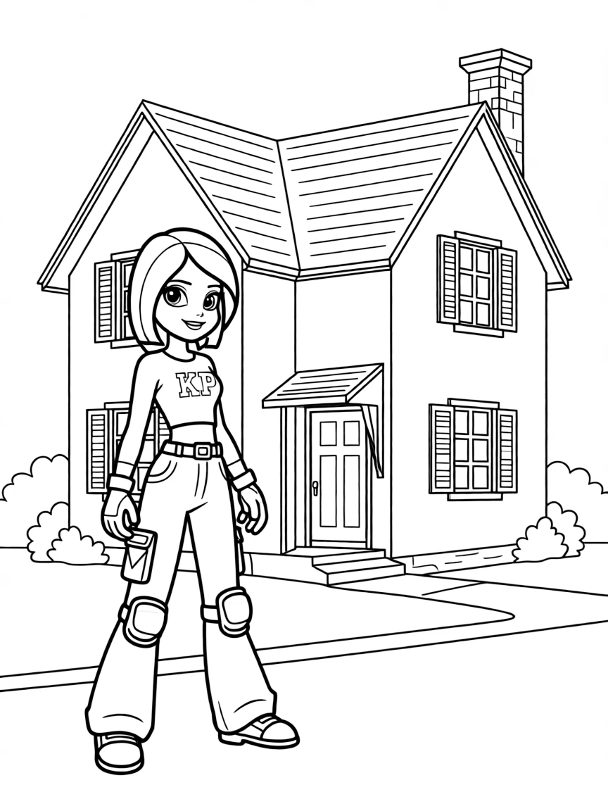 Kim Possible wearing a superhero costume, in front of their famous house or scene.
