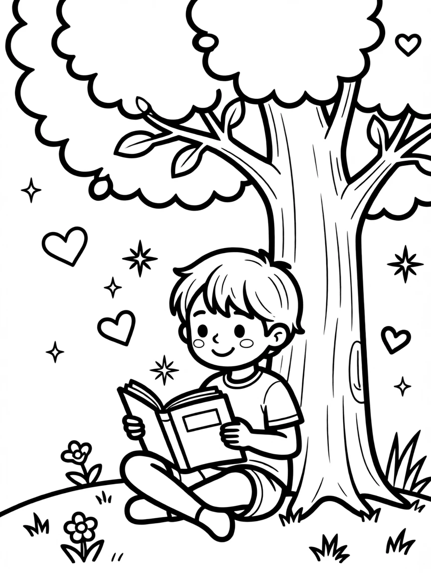 Cocomelon reading a book under a tree, with hearts and sparkles around.