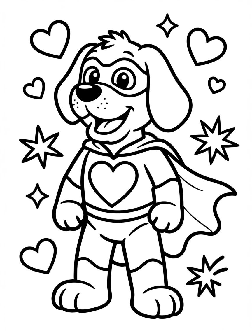 Clifford the Big Red Dog wearing a superhero costume, with hearts and sparkles around.