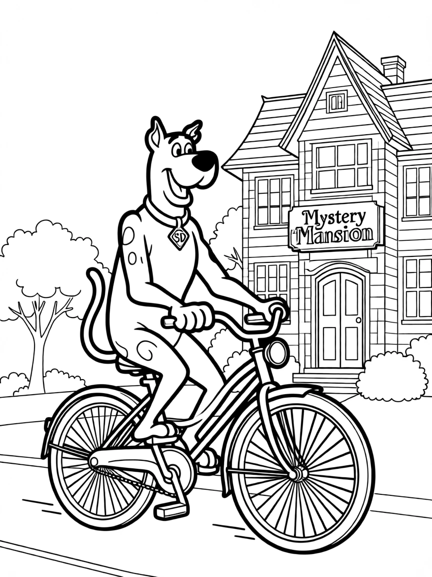 Scooby-Doo riding a bicycle, in front of their famous house or scene.