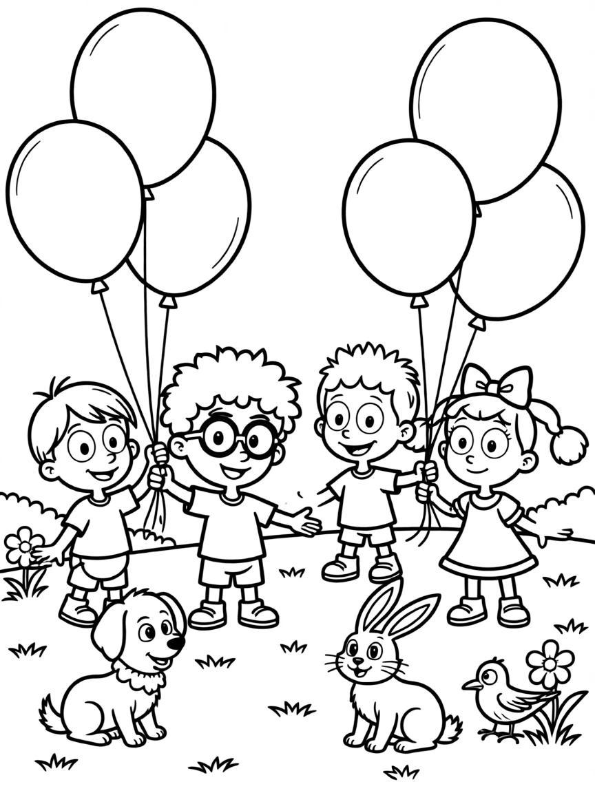 Rugrats playing with balloons, surrounded by friendly animals.