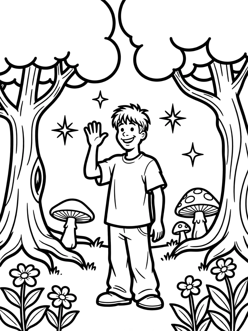Shaggy Rogers waving hello, in a magical forest setting.