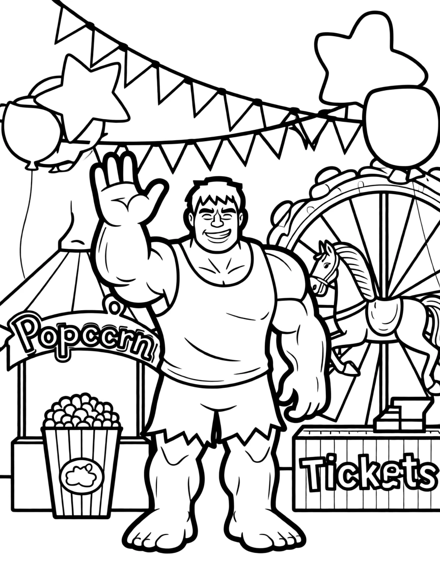 Hulk waving hello, at a carnival with colorful decorations.