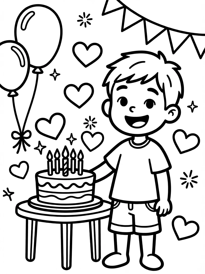 Diego celebrating a birthday, with hearts and sparkles around.