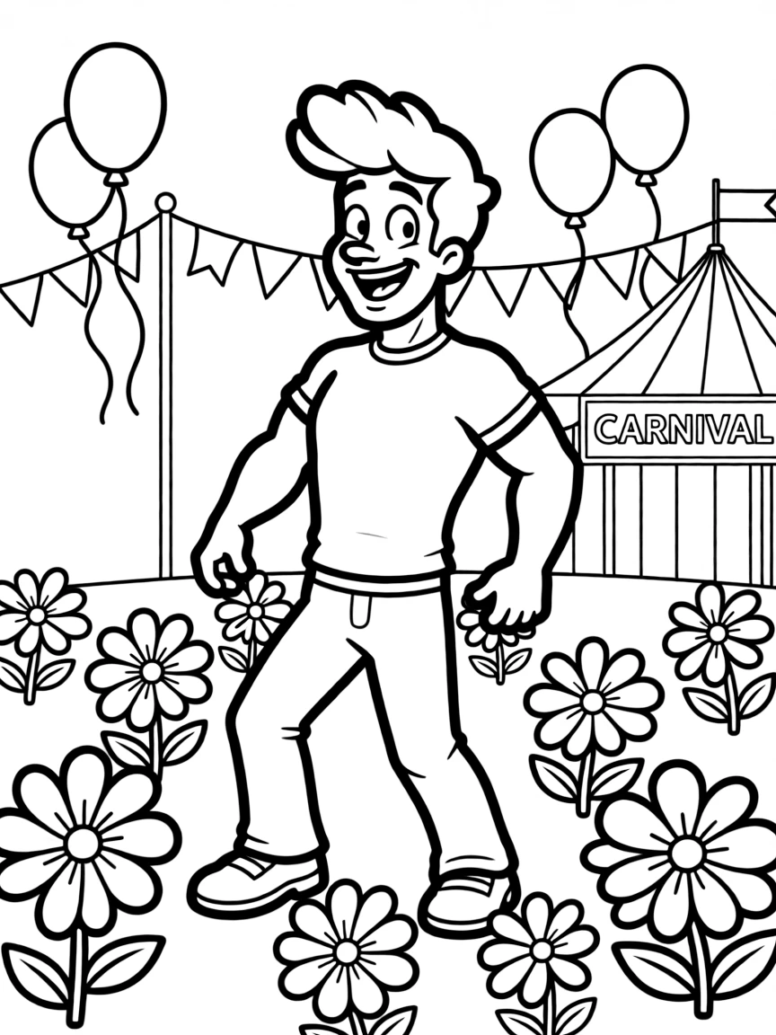Johnny Bravo dancing in a field of flowers, at a carnival with colorful decorations.