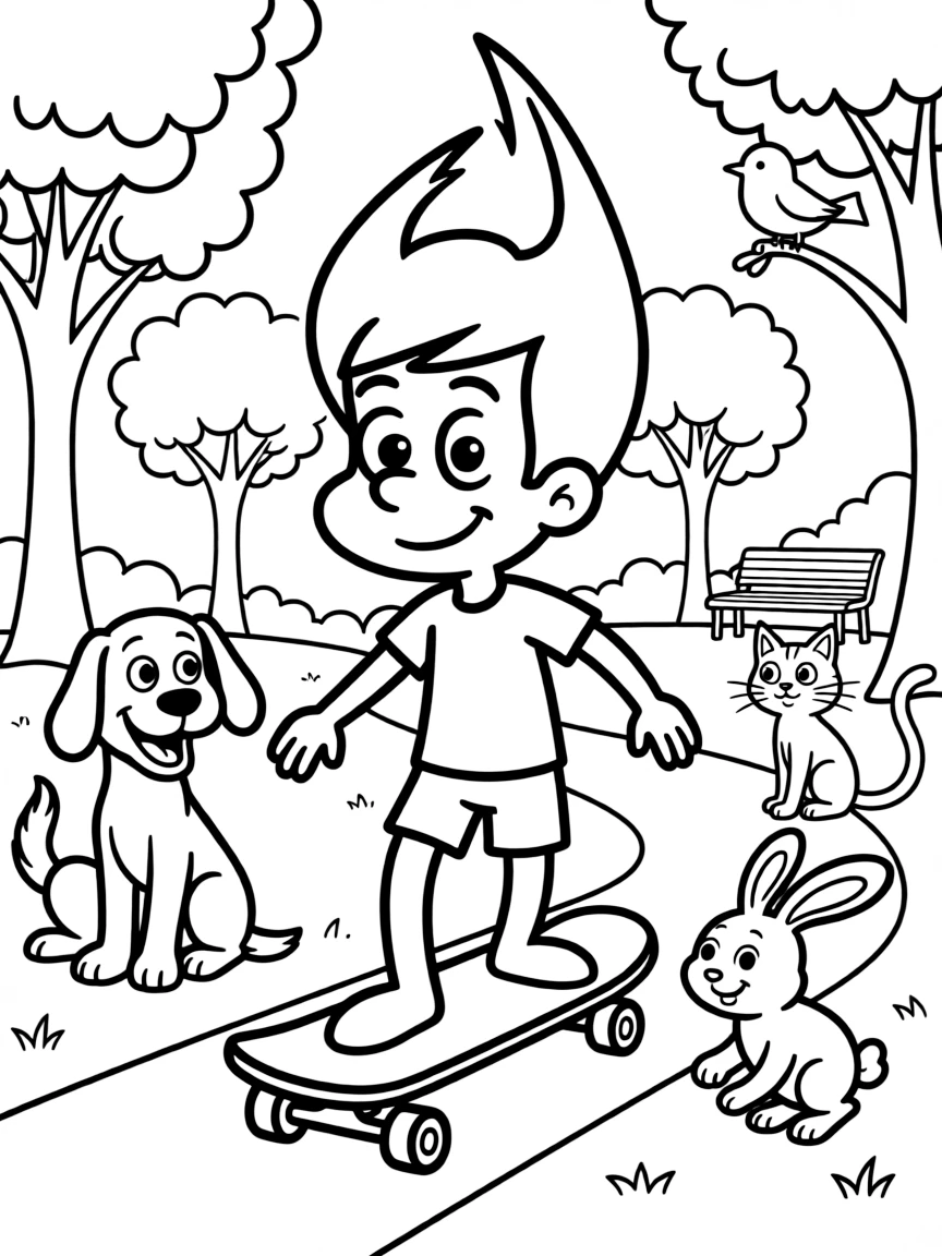 Jimmy Neutron skateboarding in the park, surrounded by friendly animals.