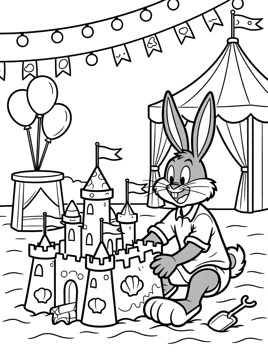 Bugs Bunny building a sandcastle, at a carnival with colorful decorations.
