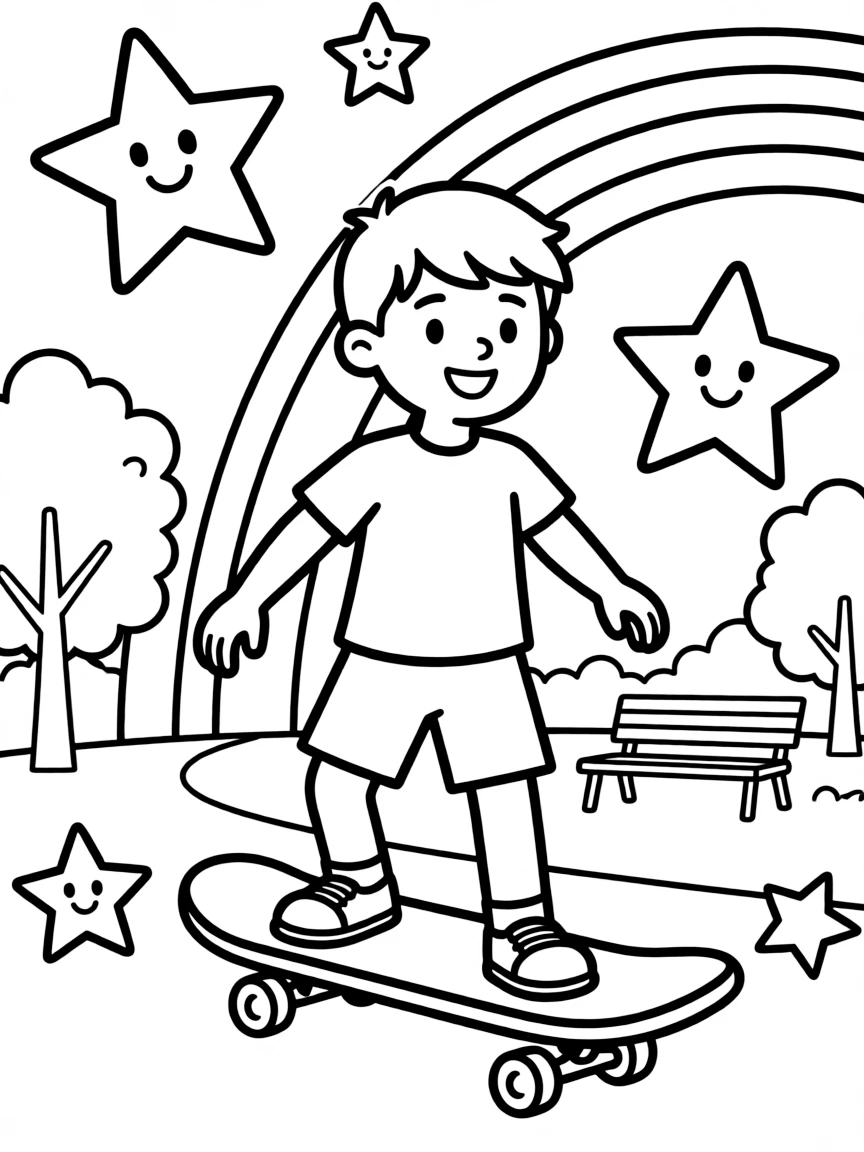Fred skateboarding in the park, with stars and rainbows in the background.