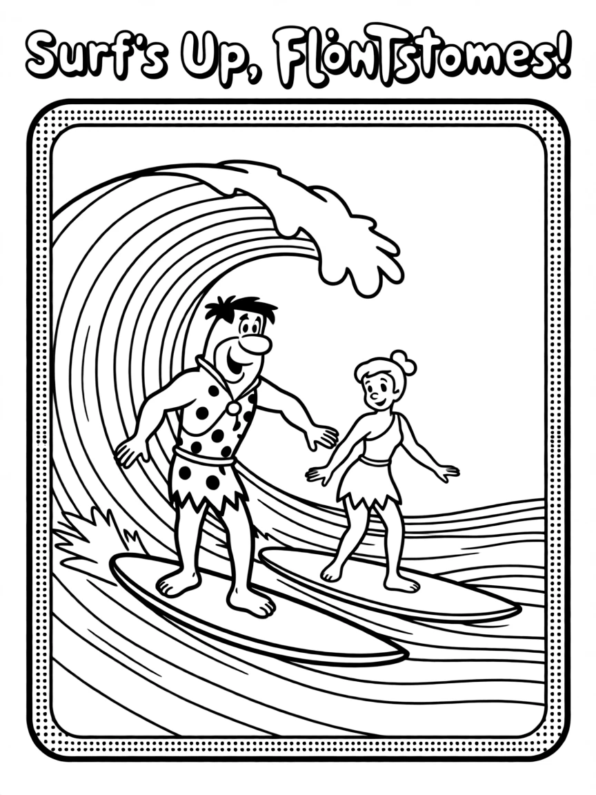 The Flintstones surfing on waves, inside a comic book frame.