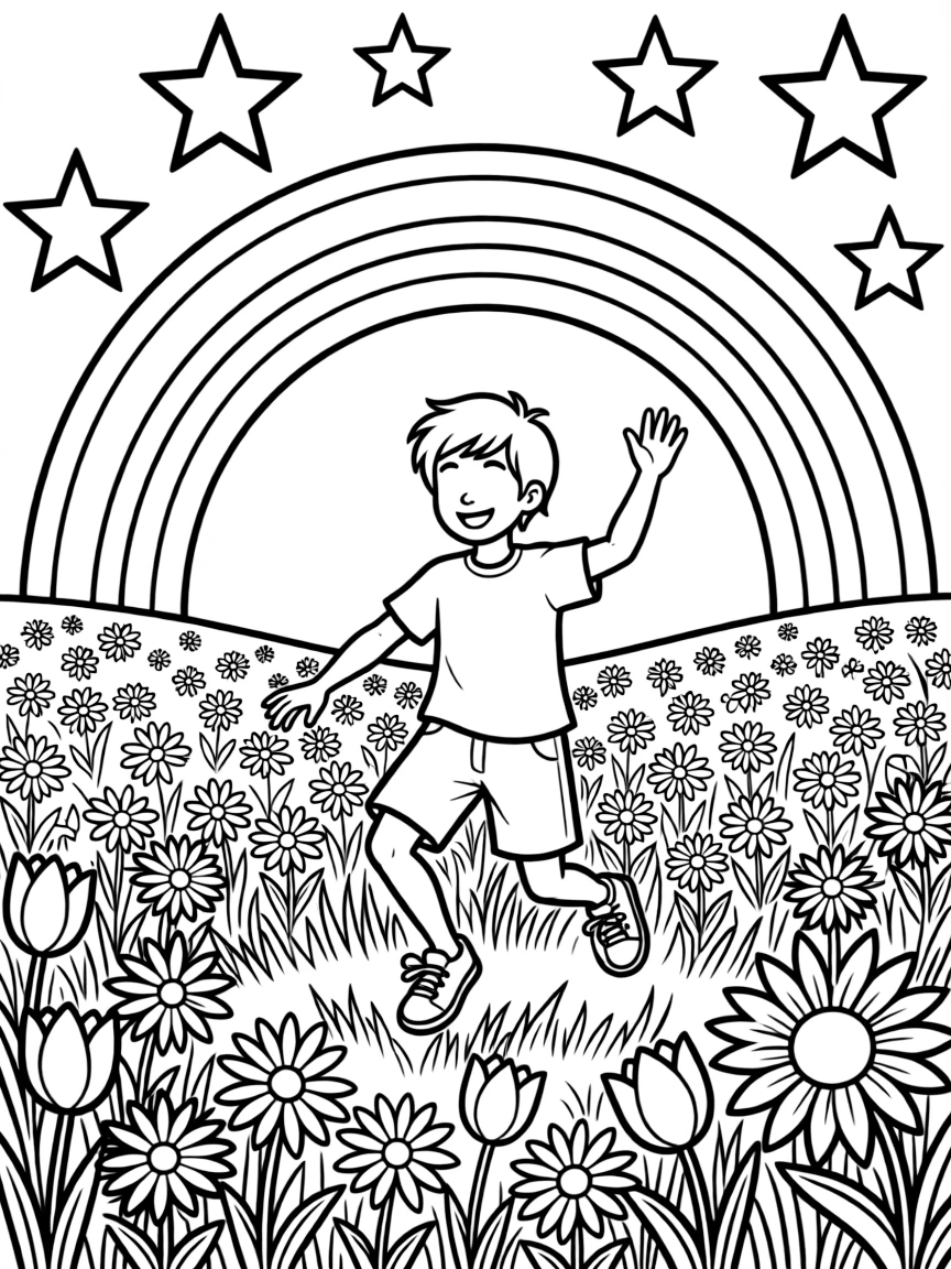 Fred dancing in a field of flowers, with stars and rainbows in the background.