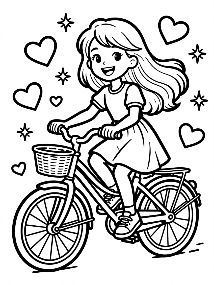Barbie riding a bicycle, with hearts and sparkles around.