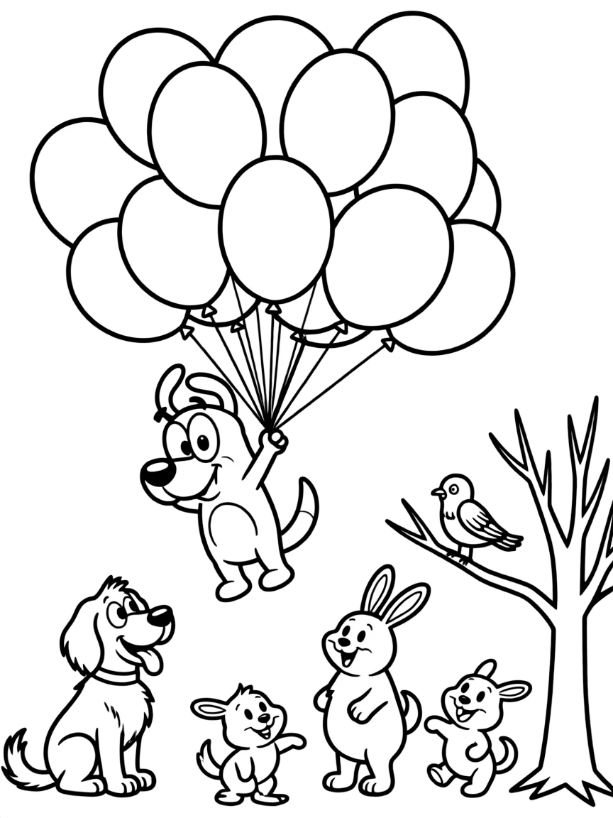 Courage the Cowardly Dog flying with balloons, surrounded by friendly animals.