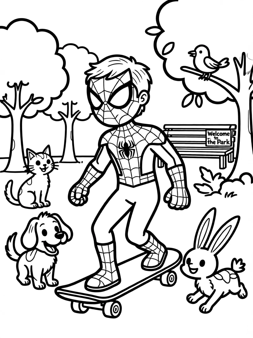 Spider-Man skateboarding in the park, surrounded by friendly animals.