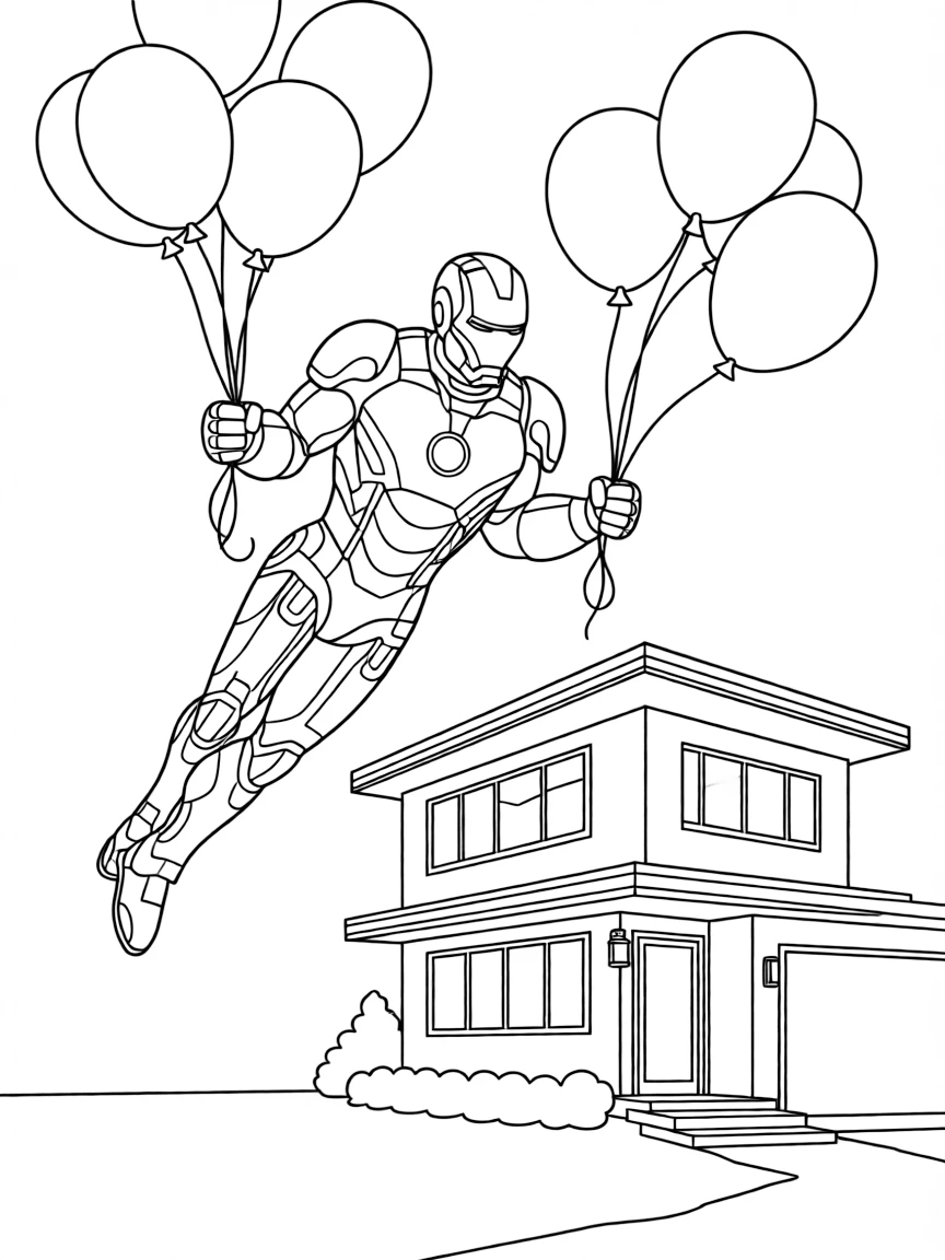 Iron Man flying with balloons, in front of their famous house or scene.