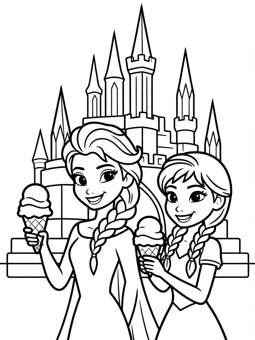 Frozen Characters enjoying an ice cream cone, in front of their famous house or scene.
