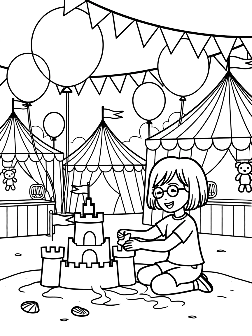 Velma building a sandcastle, at a carnival with colorful decorations.