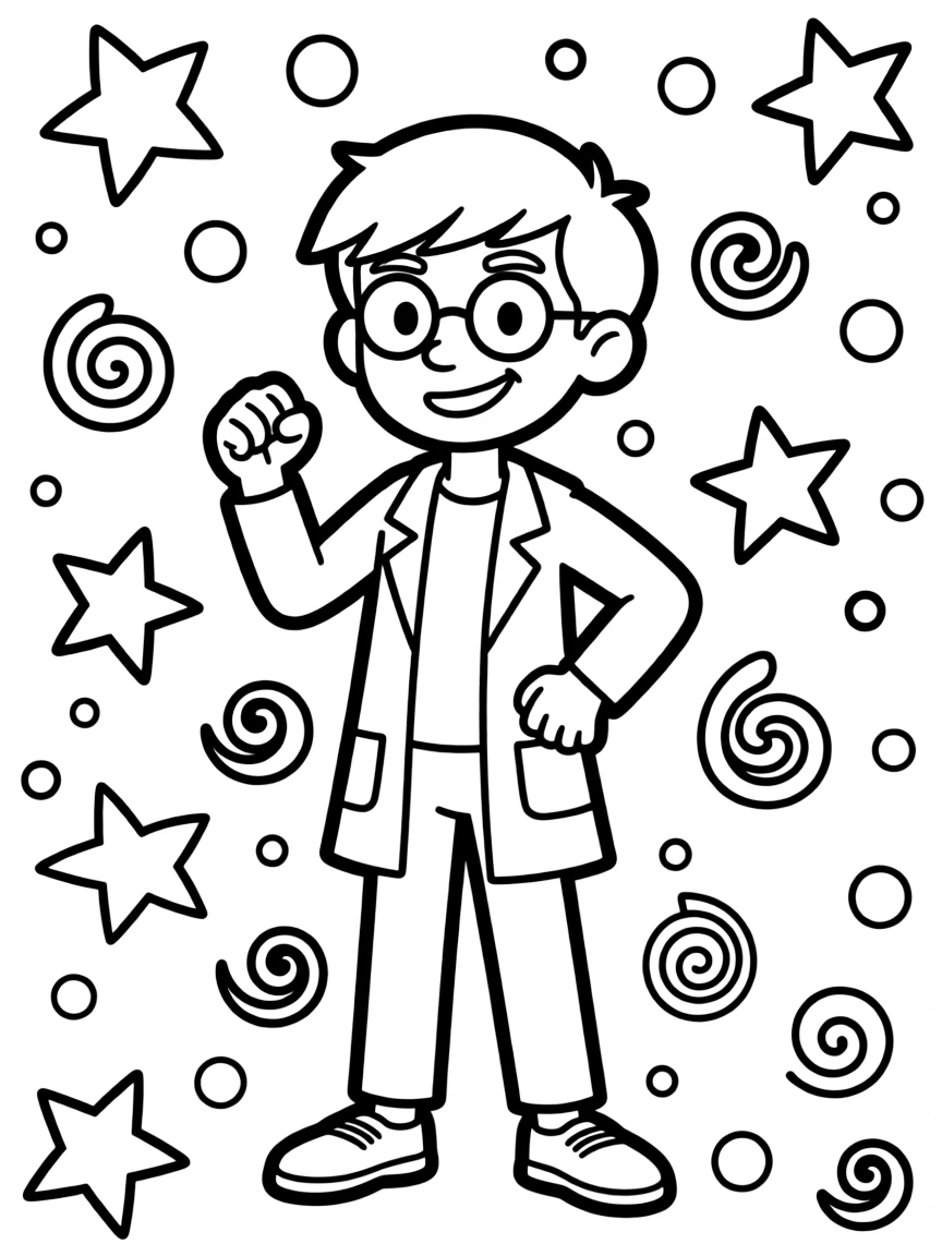 Dexter's Laboratory posing heroically, with playful patterns around.