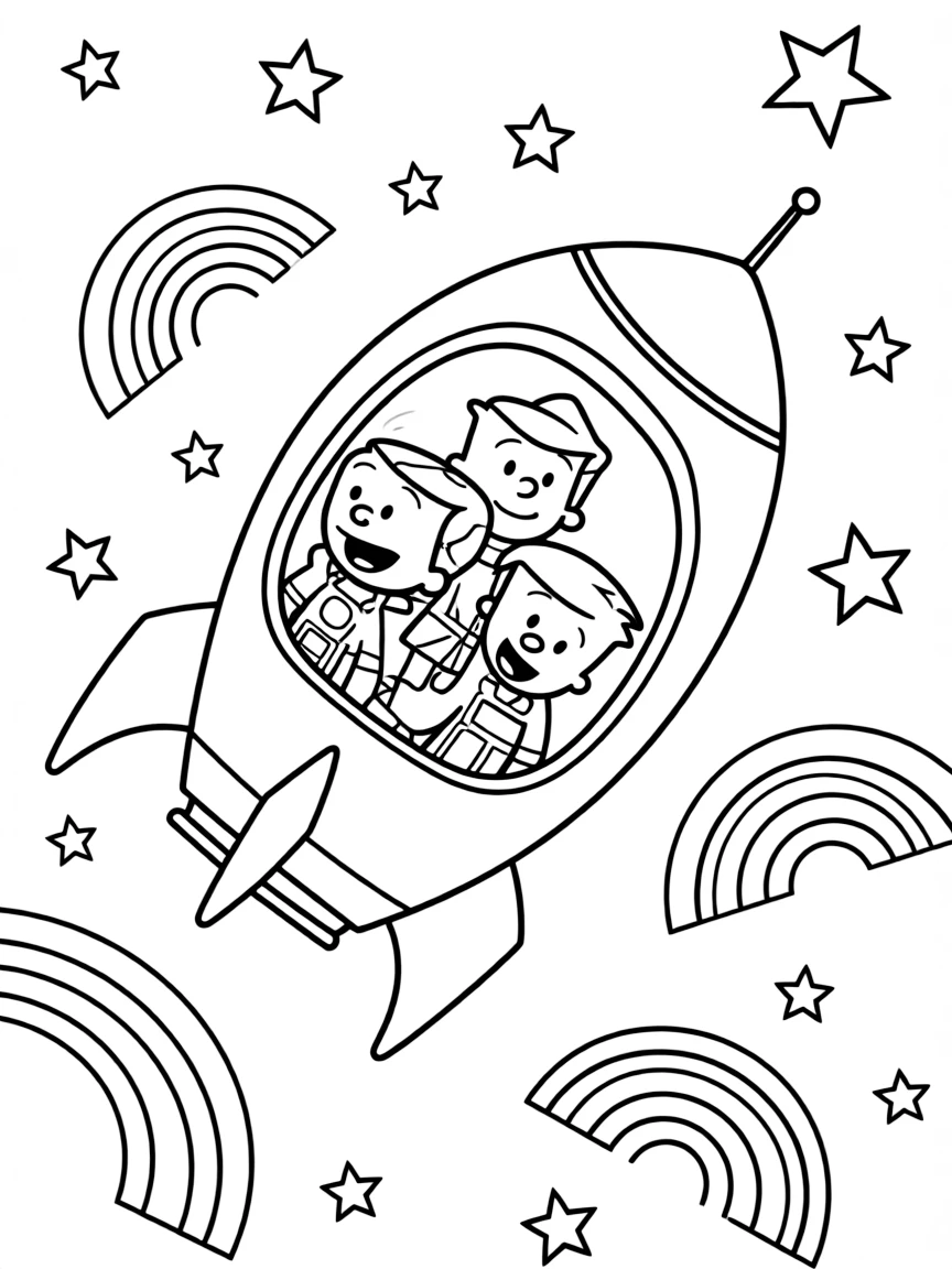 The Loud House exploring space in a rocket, with stars and rainbows in the background.