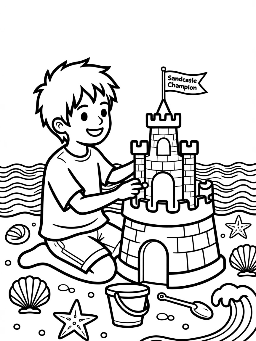 Deadpool building a sandcastle, with playful patterns around.