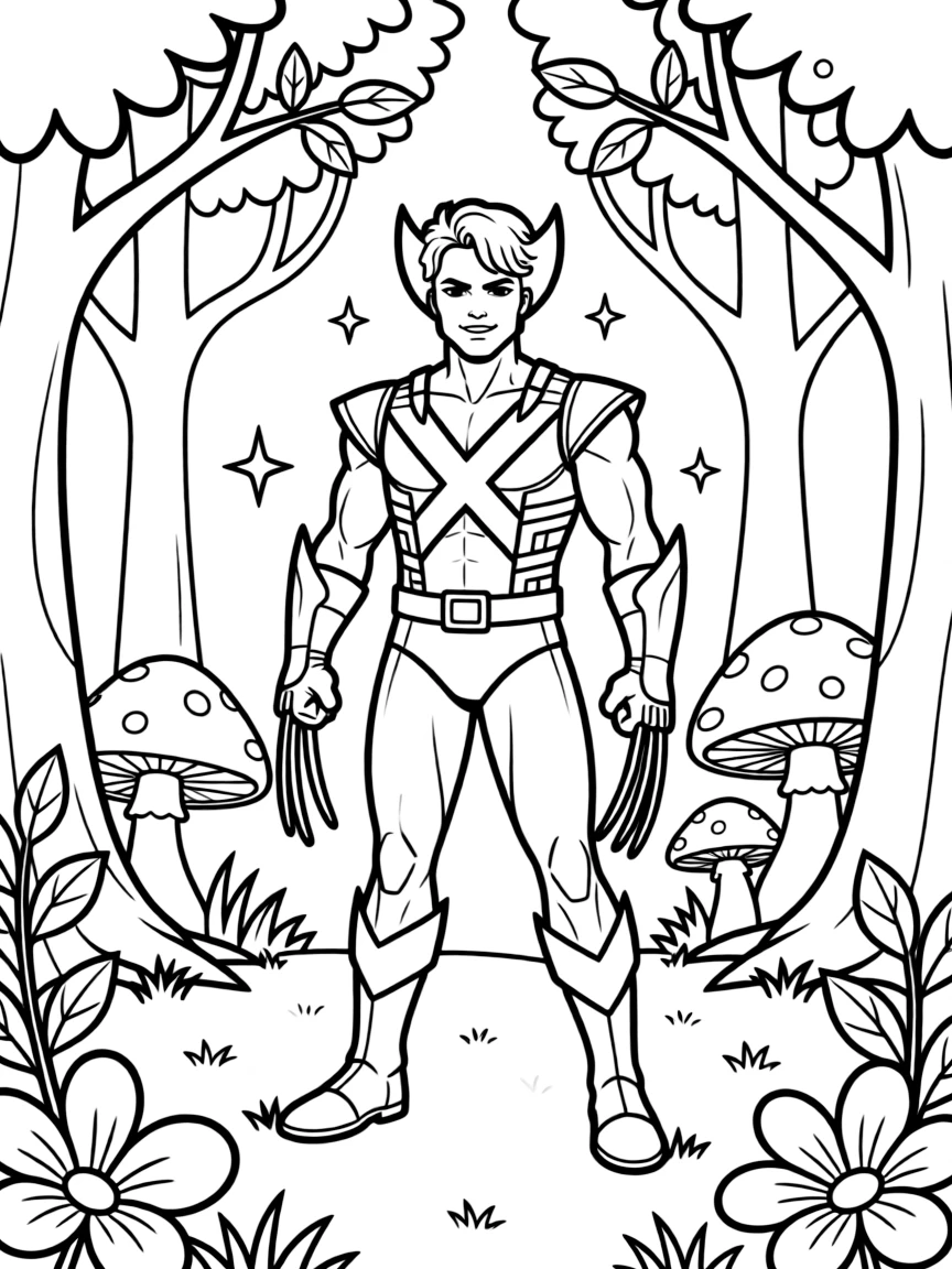 Wolverine wearing a superhero costume, in a magical forest setting.