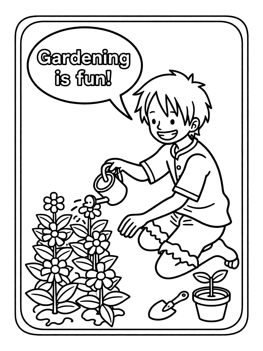 Luffy gardening, inside a comic book frame.