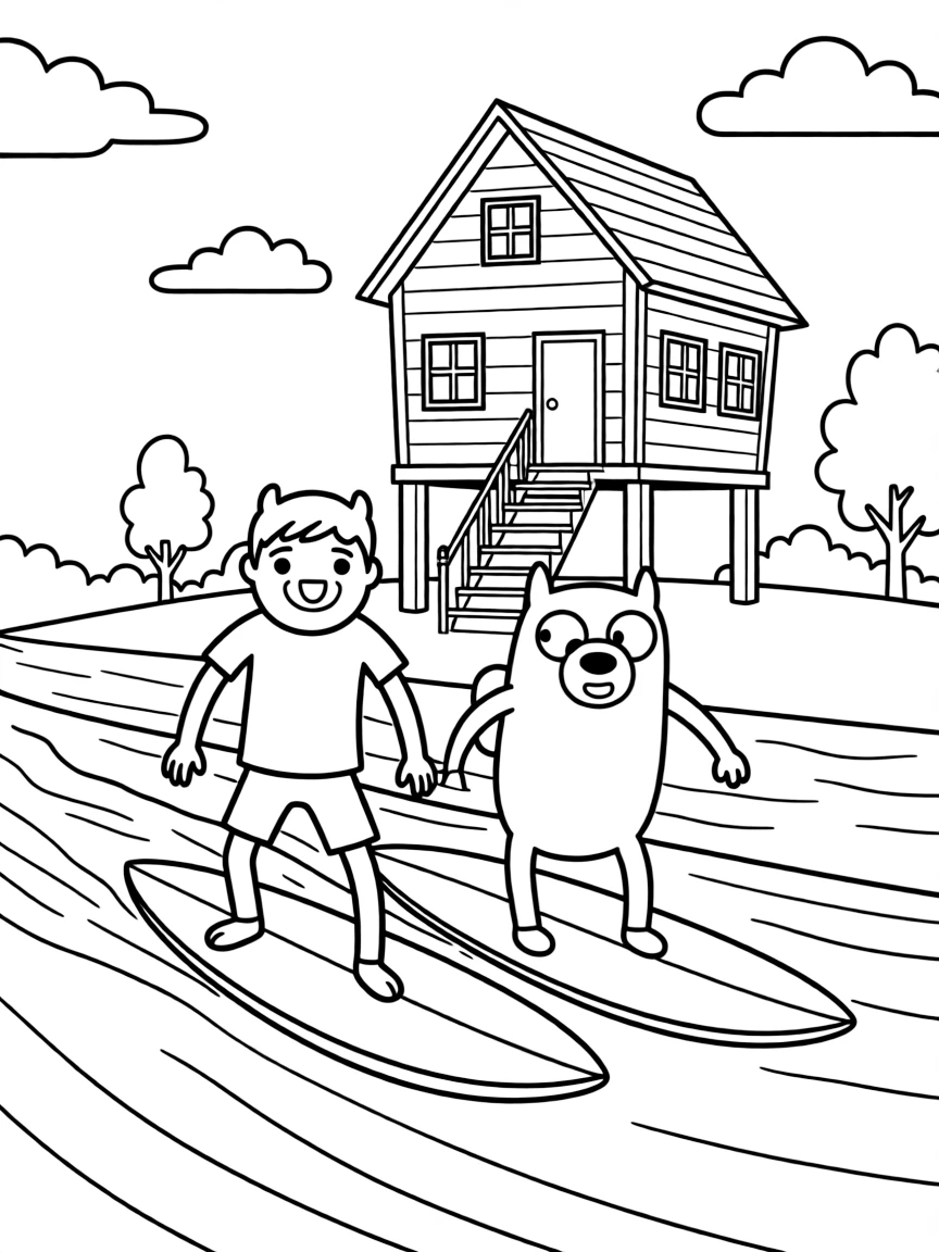 Finn and Jake surfing on waves, in front of their famous house or scene.