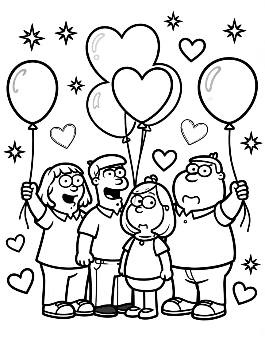 Family Guy playing with balloons, with hearts and sparkles around.