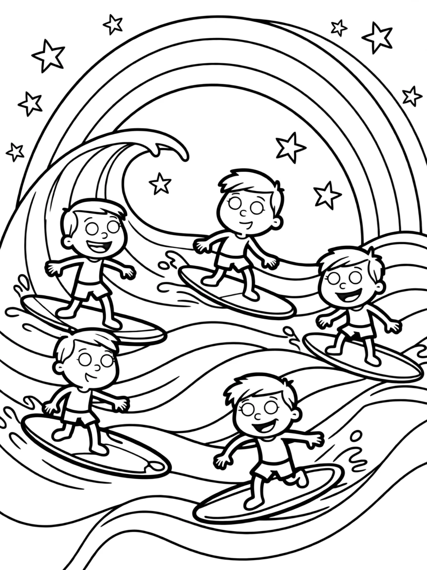 The Loud House surfing on waves, with stars and rainbows in the background.