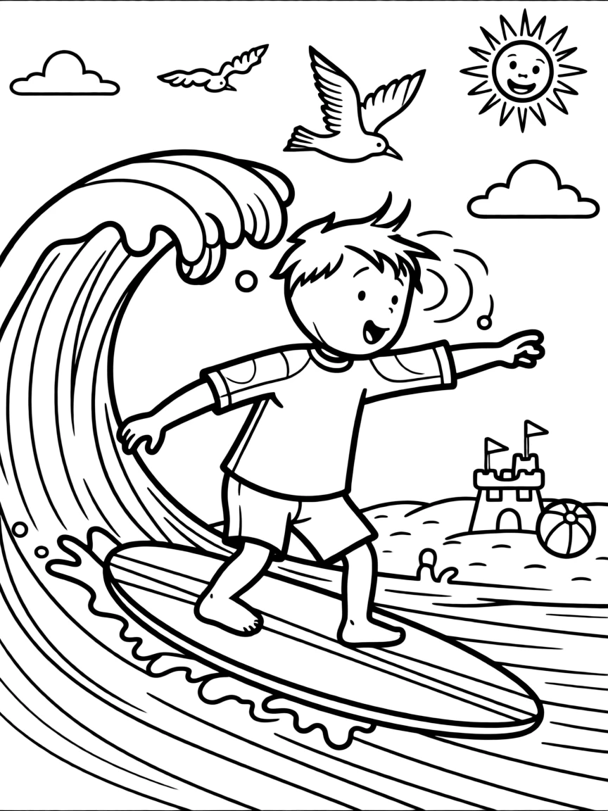 Caillou surfing on waves, with fun background elements.