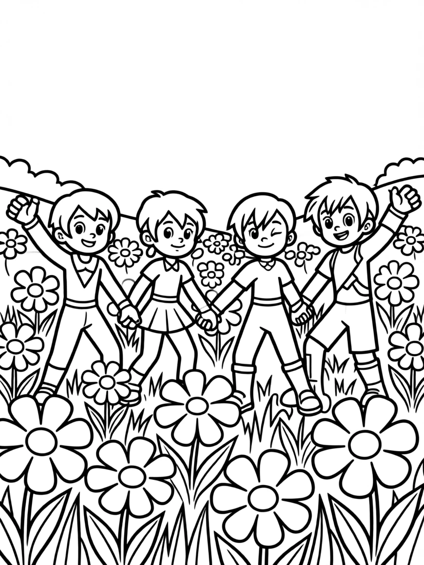 Teen Titans dancing in a field of flowers, with big bold outlines for easy coloring.