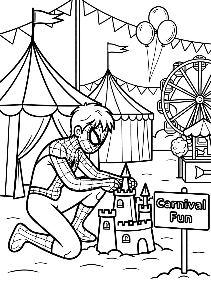 Spider-Man building a sandcastle, at a carnival with colorful decorations.