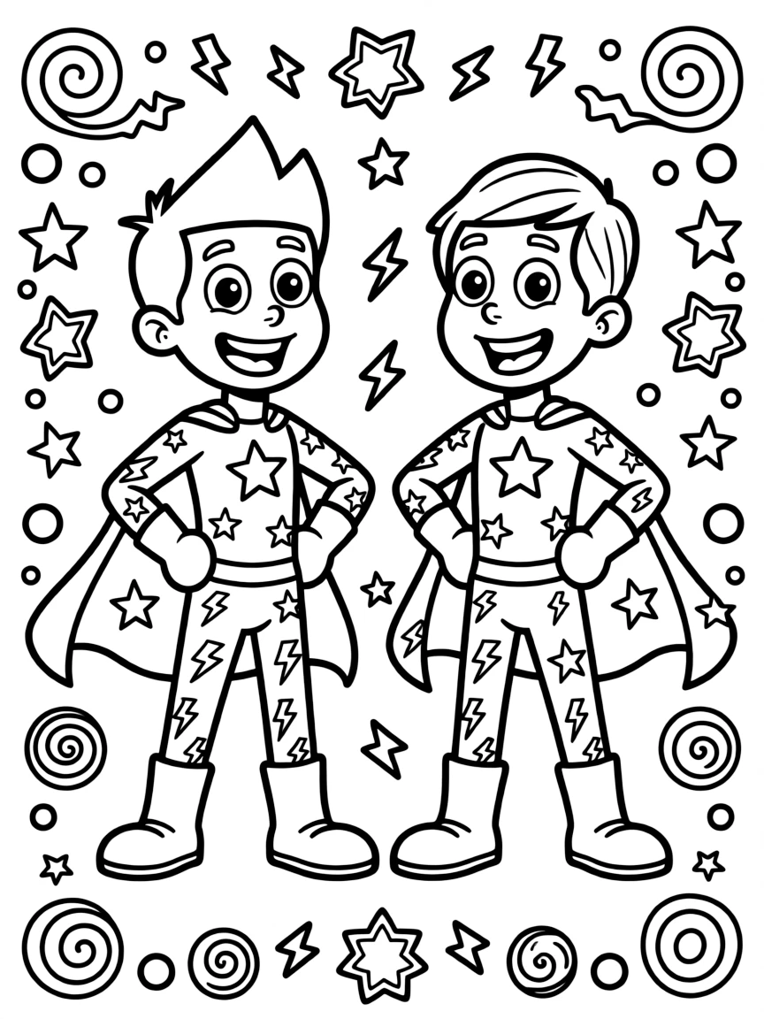 Phineas and Ferb wearing a superhero costume, with playful patterns around.