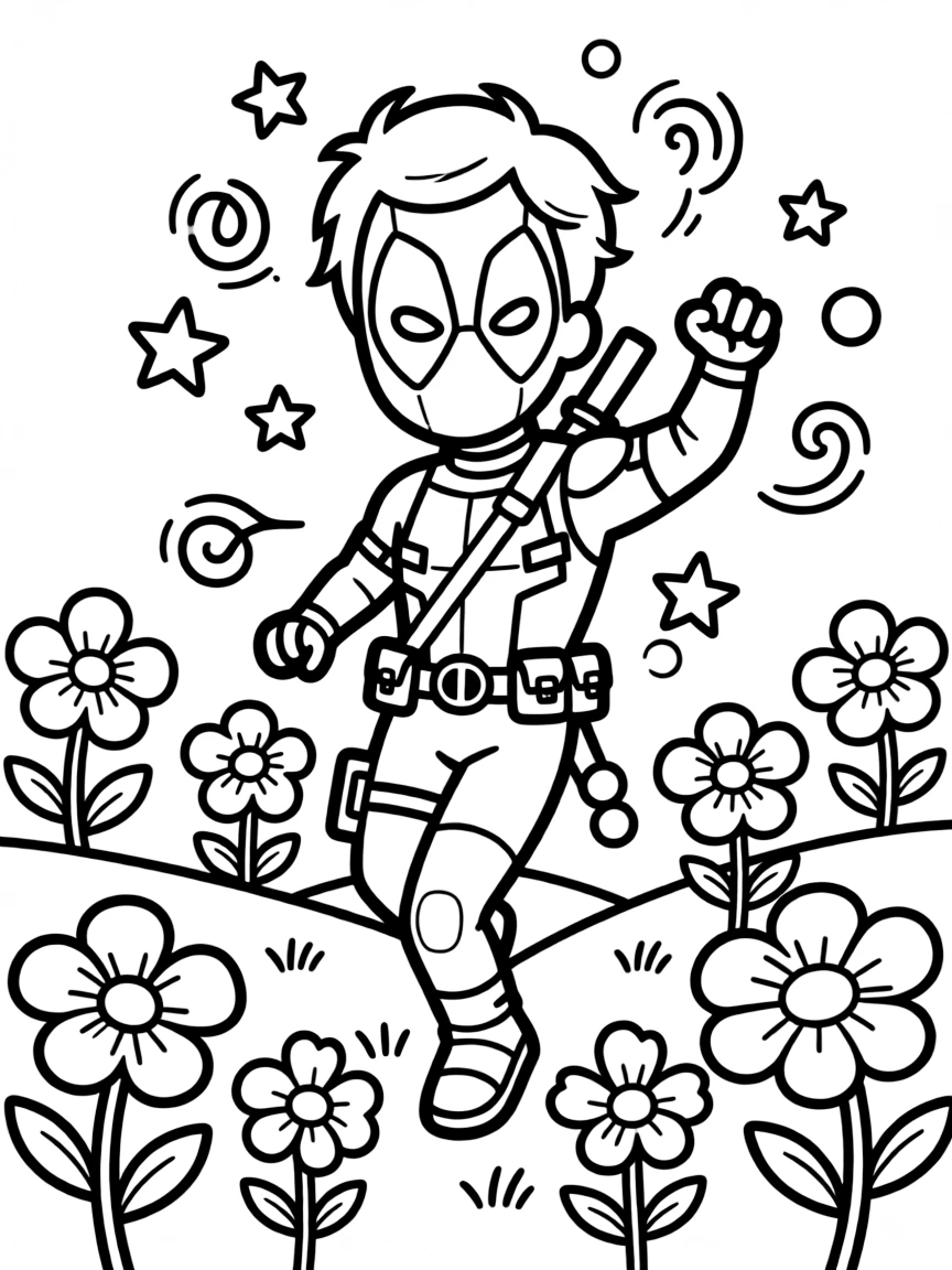Deadpool dancing in a field of flowers, with playful patterns around.