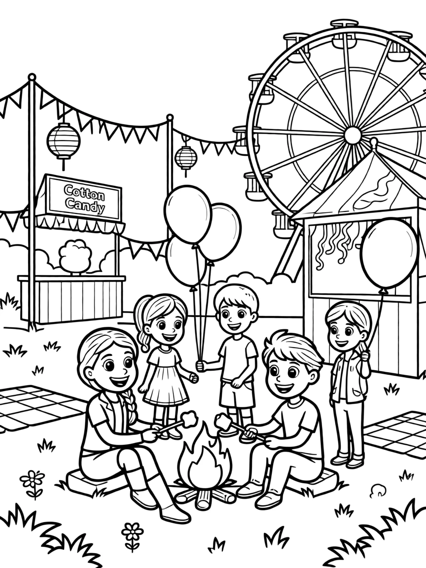 Frozen Characters camping with friends, at a carnival with colorful decorations.