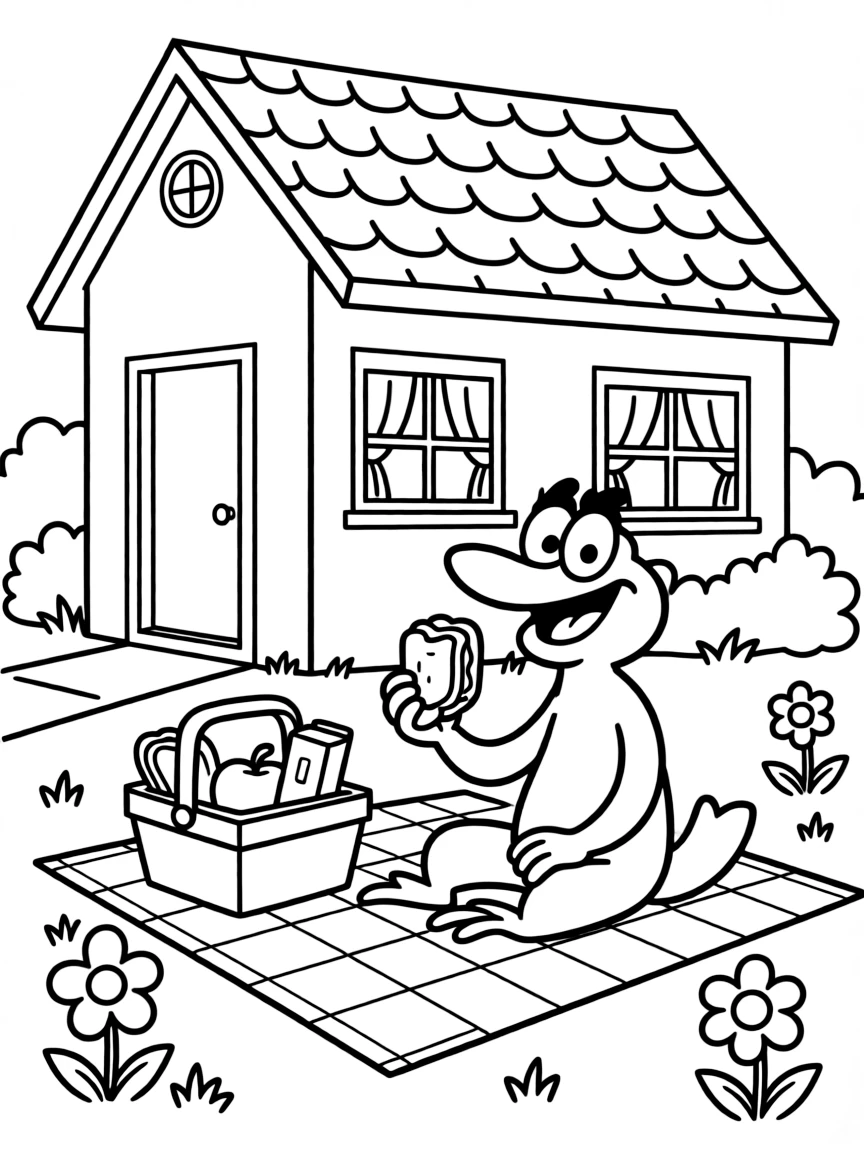 Perry the Platypus having a picnic, in front of their famous house or scene.