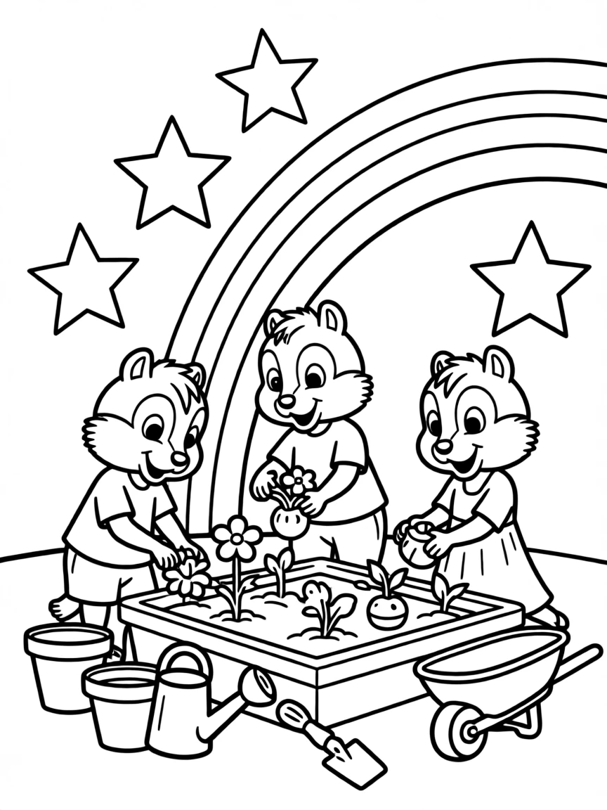 Alvin and the Chipmunks gardening, with stars and rainbows in the background.