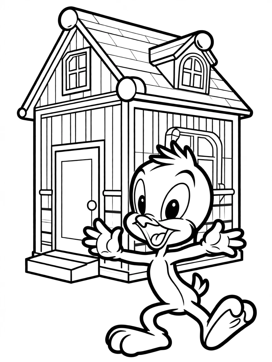 Tweety Bird jumping with joy, in front of their famous house or scene.
