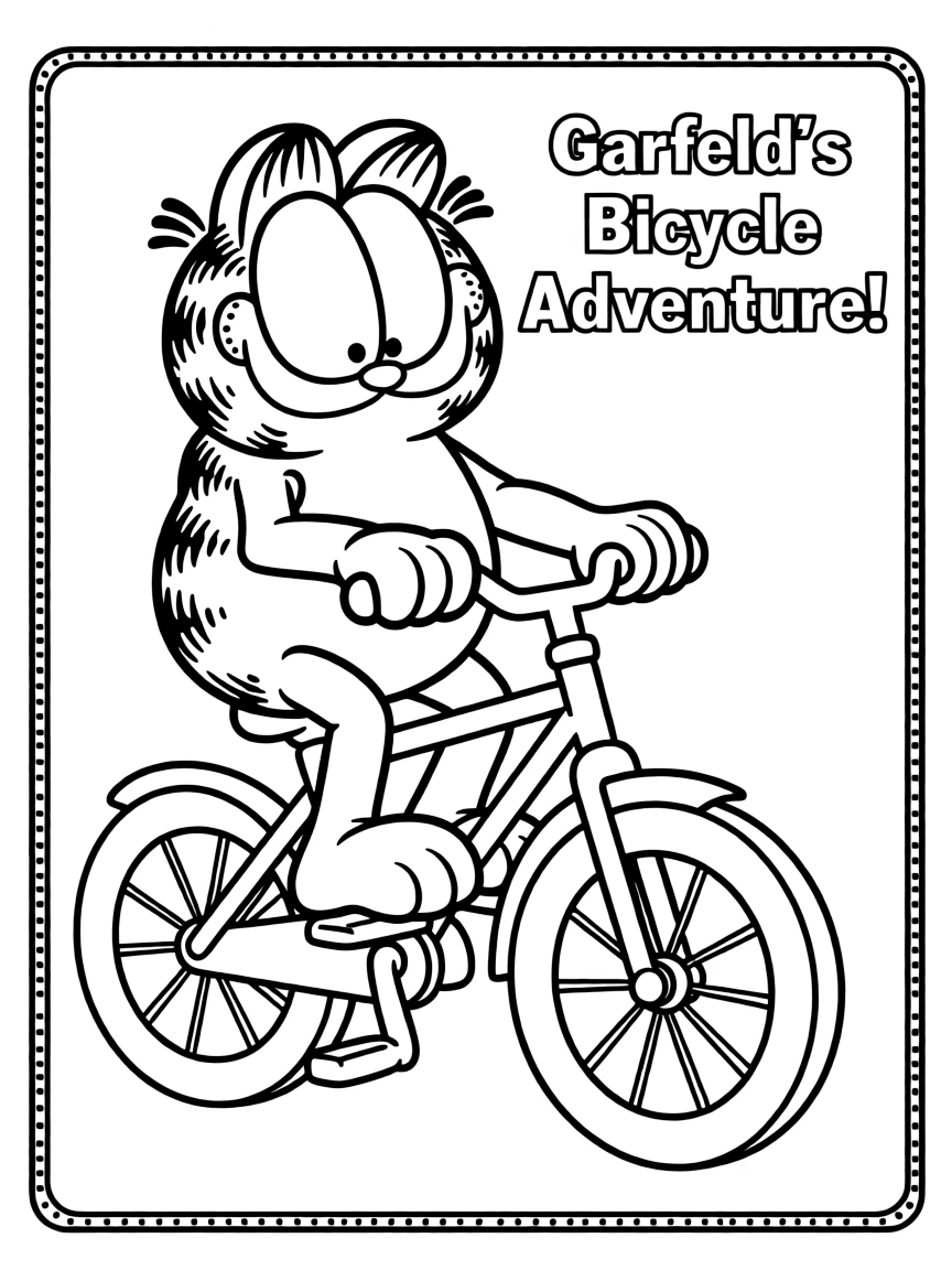 Garfield riding a bicycle, inside a comic book frame.