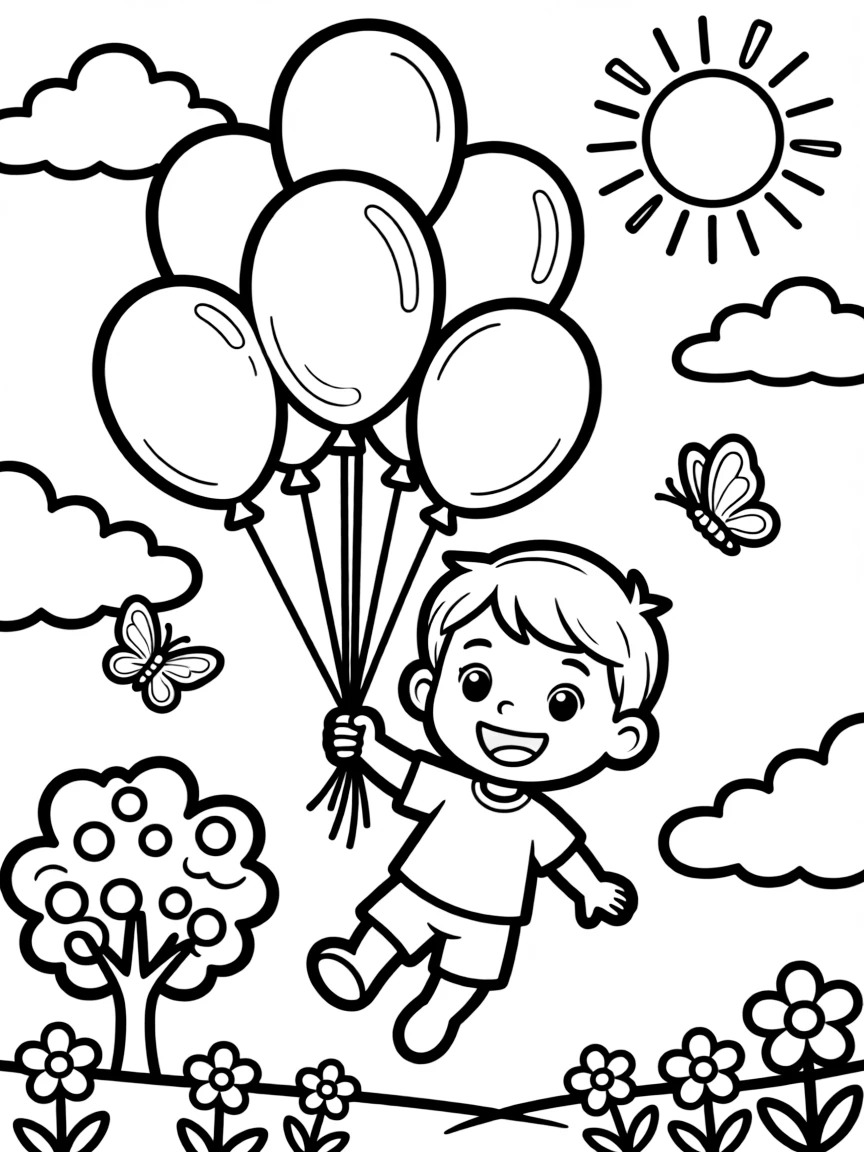 Cocomelon flying with balloons, with fun background elements.