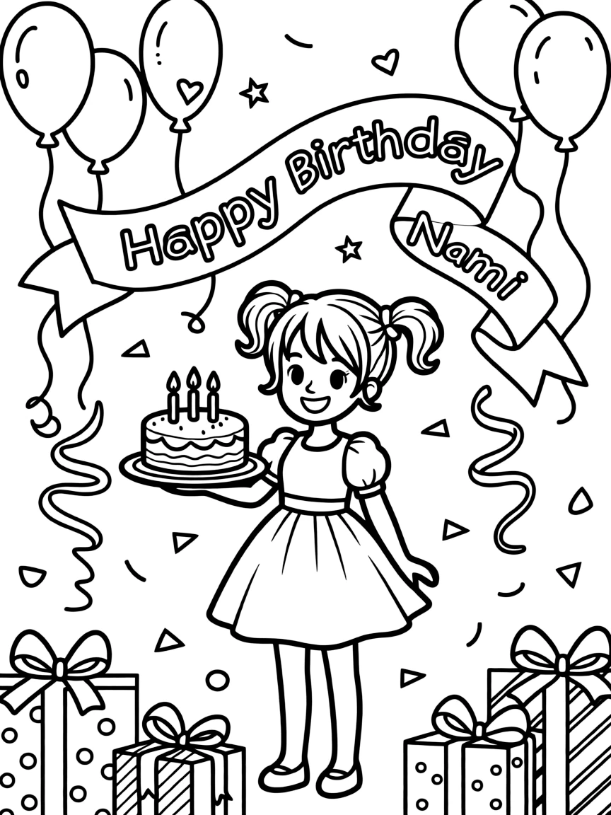 Nami celebrating a birthday, with fun background elements.