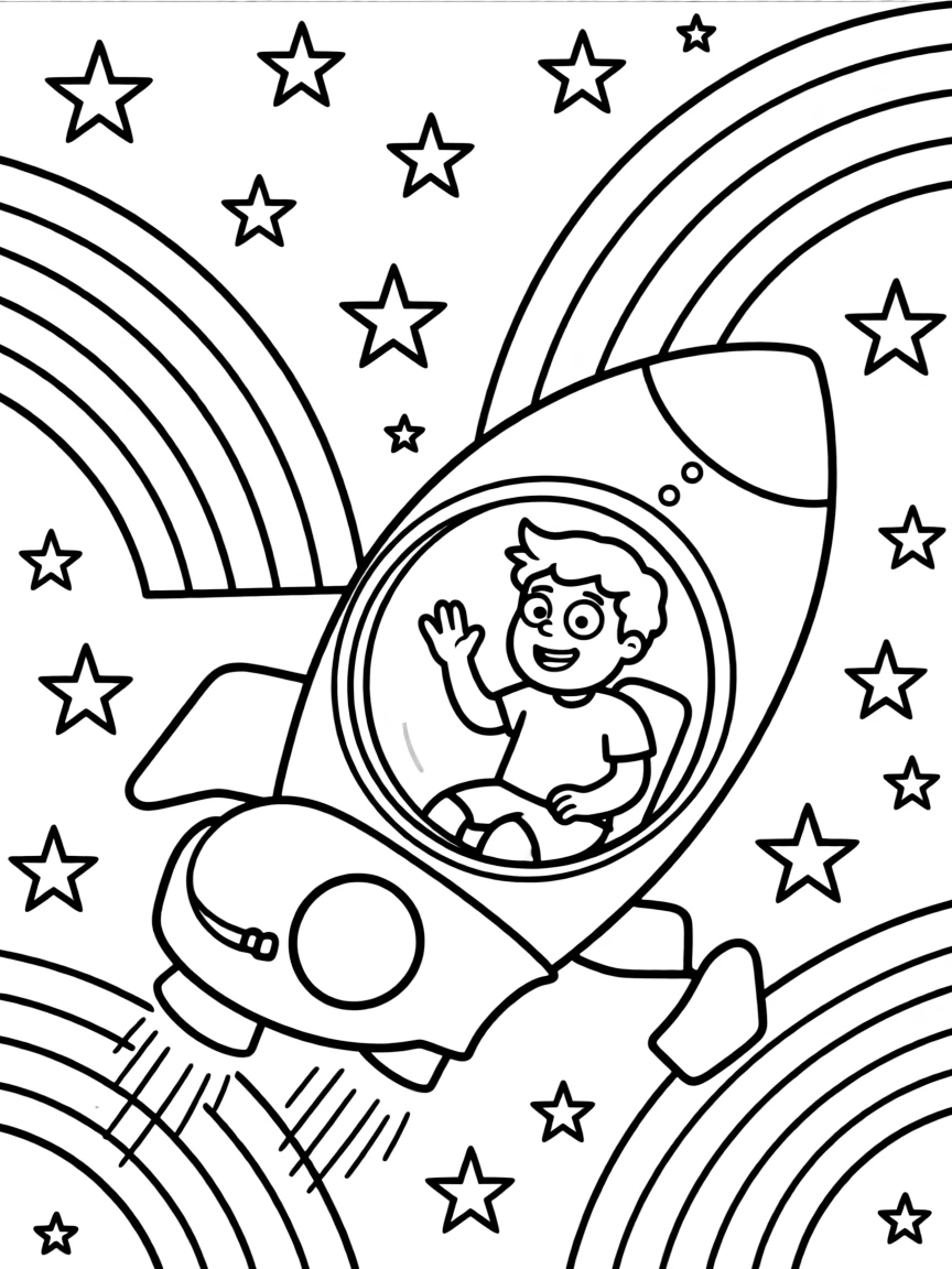 Steven Universe exploring space in a rocket, with stars and rainbows in the background.